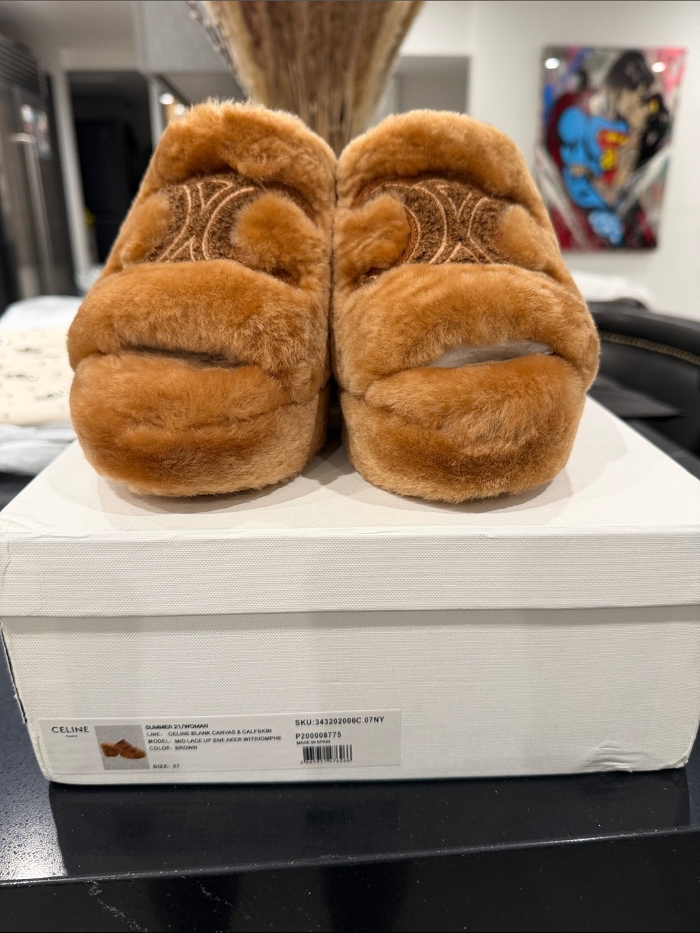 Celine Chestnut Brown Furry Slide Slippers